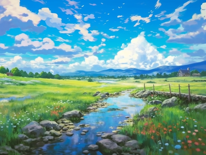 小溪清澈春季夏季草坪草地户外郊游蓝天白云美景插画,插画/手绘图,插画/手绘图库,插画/手绘图下载,插画/手绘